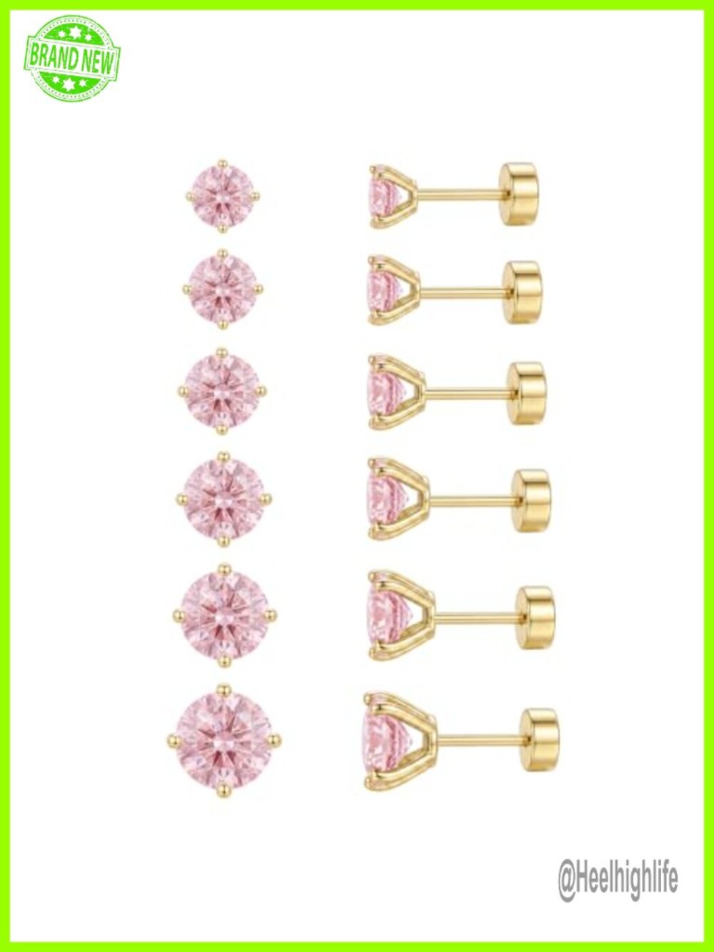 6 Pairs CZ Stud Earrings Set 14K Gold Plated Sterling Silver Posts